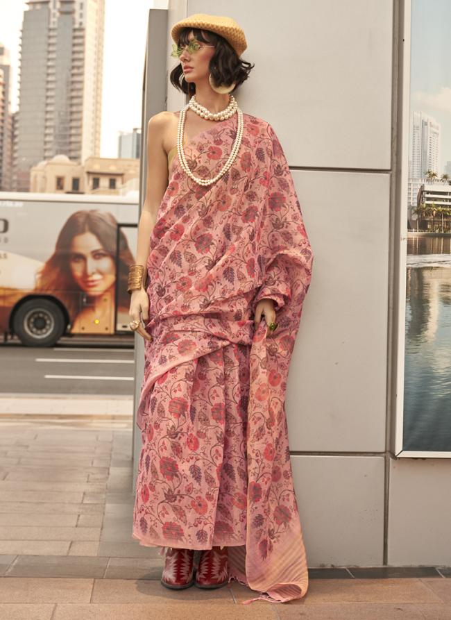 Tissue Pink Festival Wear Printed Saree